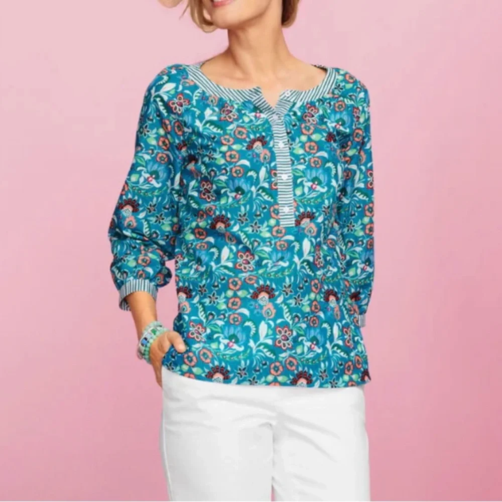 Talbots Band Collar Popover Top in Jacobean Floral print NWT - Picture 2 of 8